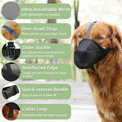 Dog Muzzle, Patented Soft Mesh Muzzle for Small Medium Large Dogs for Scavenging Biting Licking and Chewing, Allows to Pant and Drink